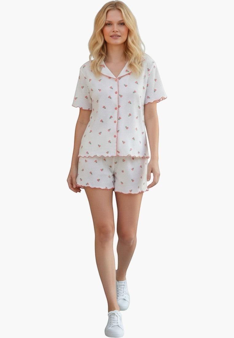 Falio white 100% cotton women's short pajama set with cherry print, V-neck, short sleeves, and button-up top.