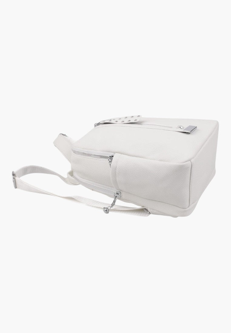 Falio white urban women's backpack made of eco-leather with silver zipper details and a studded front pocket