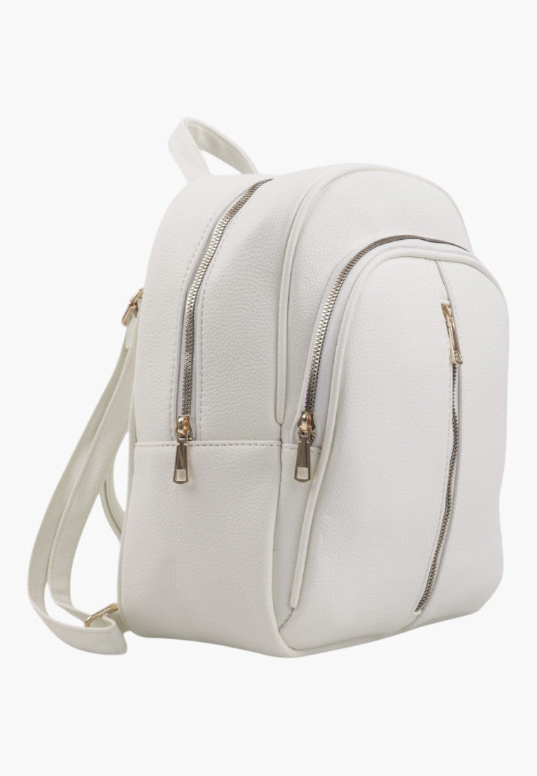 Falio white faux leather urban backpack with silver zippers and spacious main compartment for daily use