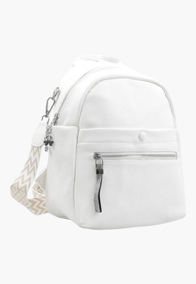 Falio white faux leather urban backpack with a patterned strap and multiple zippered pockets for daily use.