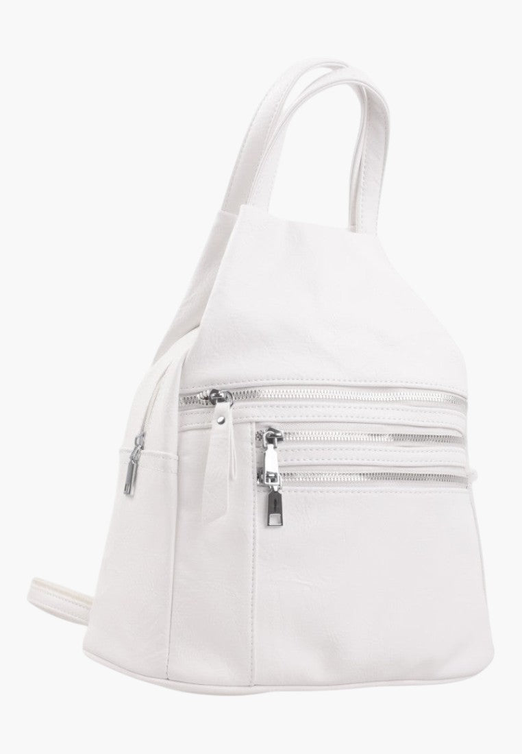 Falio white faux leather urban backpack with multiple silver zippered pockets and top handle