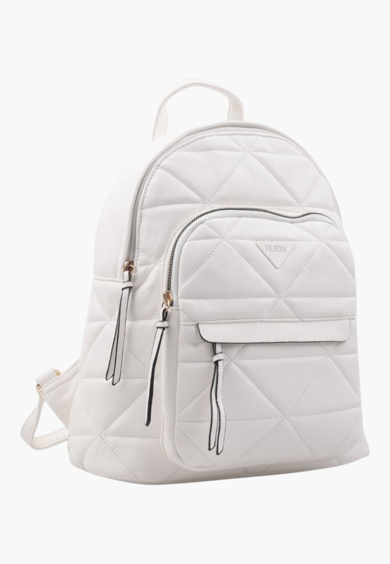 Falio white quilted urban backpack made of eco-leather with a front zipper pocket and stylish geometric stitching.