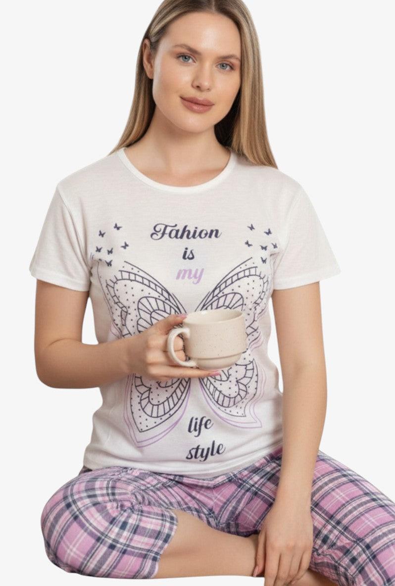 Falio white cotton short-sleeve pajama top with butterfly graphic and pink plaid 3/4 pants.