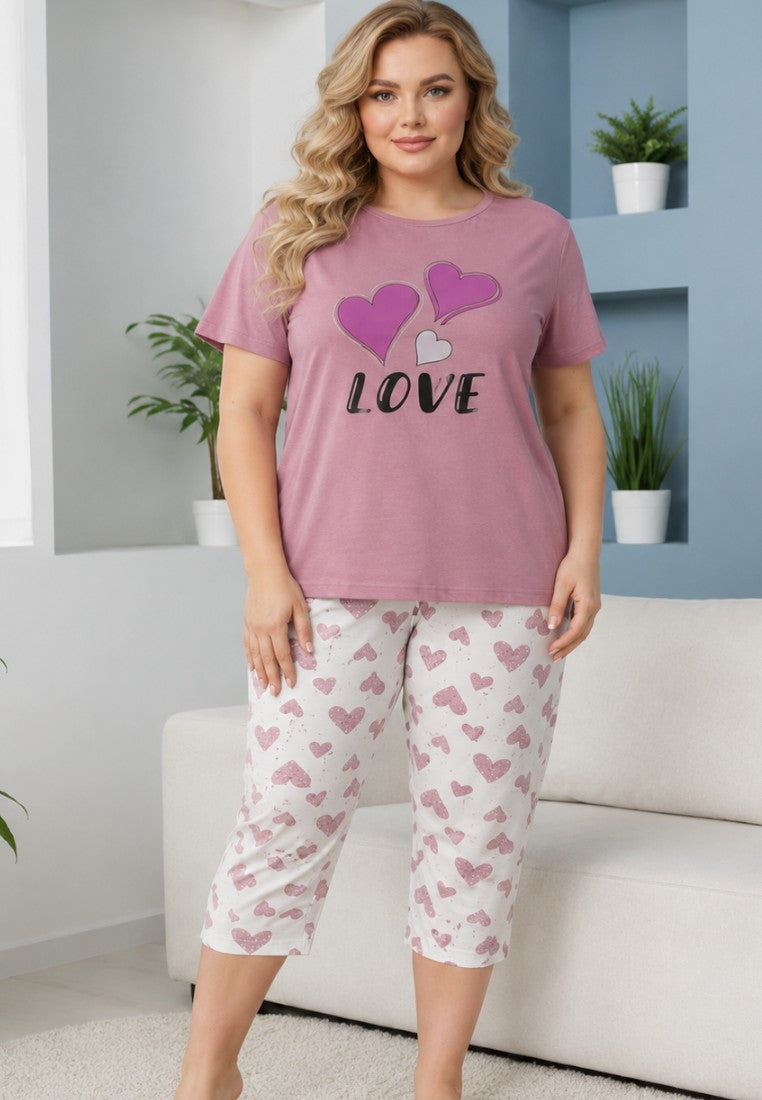 Falio women's cotton pajama set featuring a dusty pink t-shirt with love hearts and white capri pants with heart print