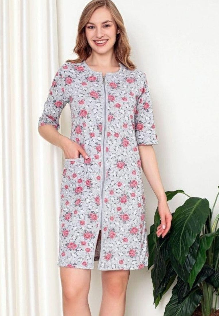 Falio women's cotton robe with short sleeves, floral pattern, front zipper, and pockets in a light grey color.