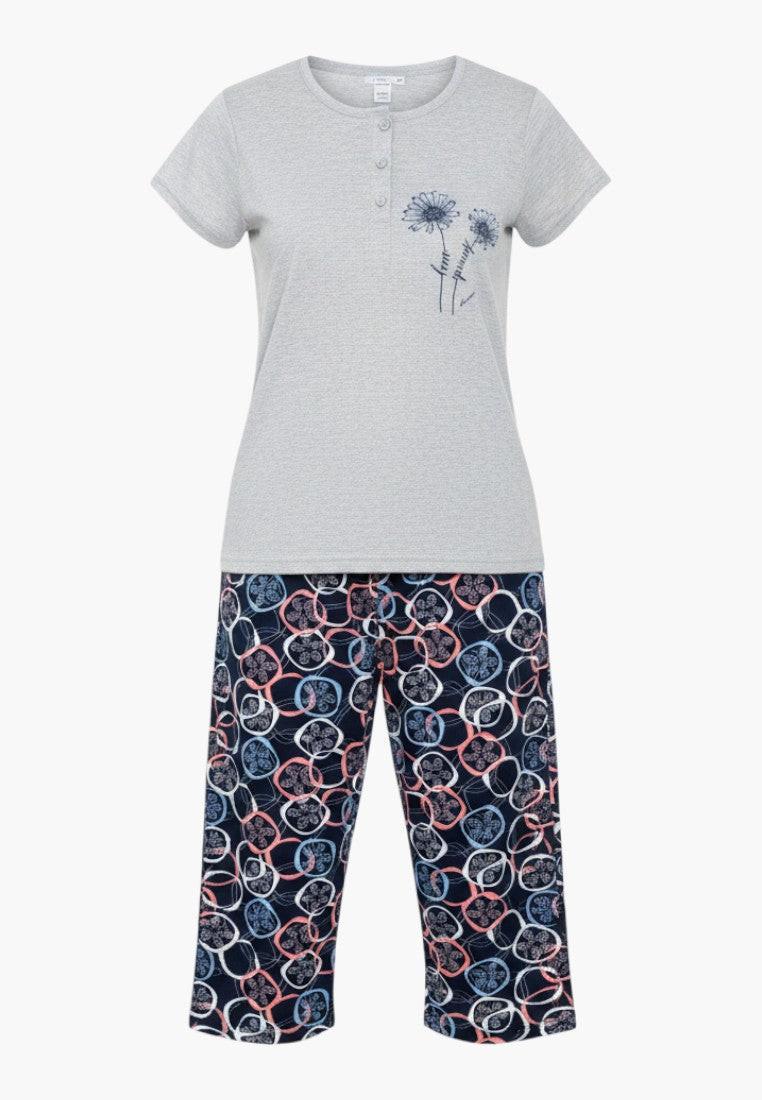 Falio women's grey cotton short sleeve pajama set with button detail and patterned 3/4 length pants.