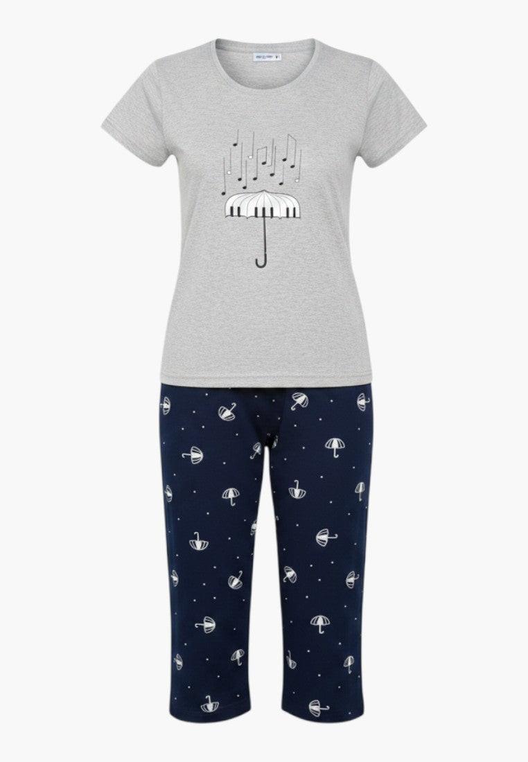 Falio women's grey cotton pyjama set with short sleeves and 3/4 length pants featuring a musical umbrella print.