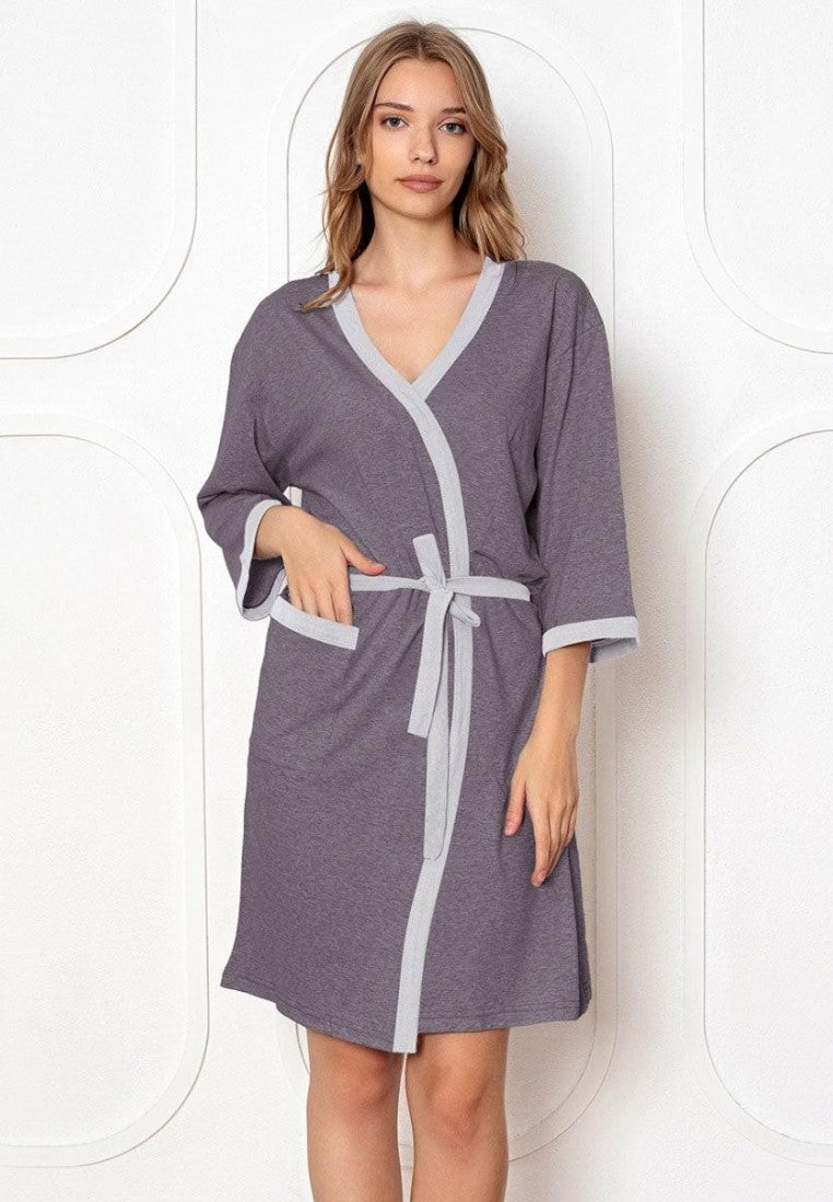 Falio women's knee-length cotton robe in dark grey with light grey trim, 3/4 sleeves, and a tie waist.