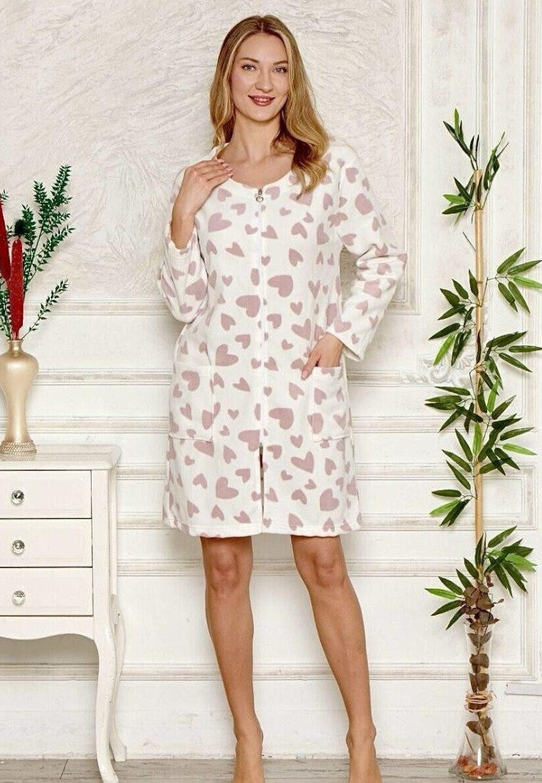 Falio women's knee-length cotton blend bathrobe with a white and pink heart pattern, long sleeves, and front pockets.