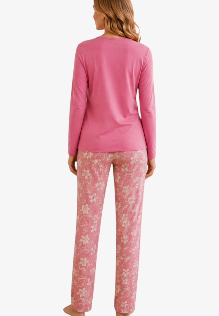Falio women's insulated cotton pajama set with a pink long-sleeve top and floral print trousers, back view.