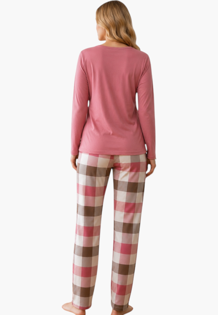 Falio women's insulated cotton pajama set with a pink long-sleeve top and plaid trousers, back view.