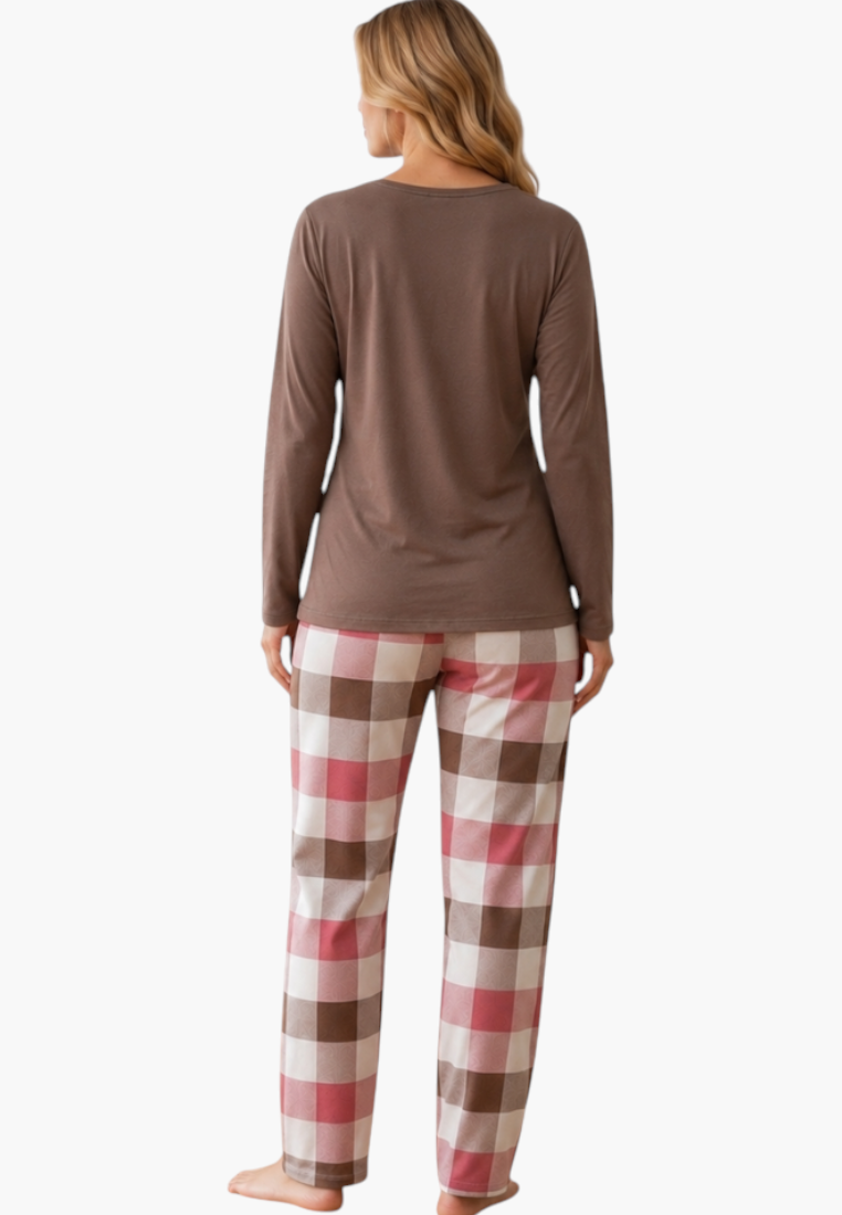 Falio women's insulated cotton pajama set with a solid brown long-sleeve top and pink and brown plaid bottoms