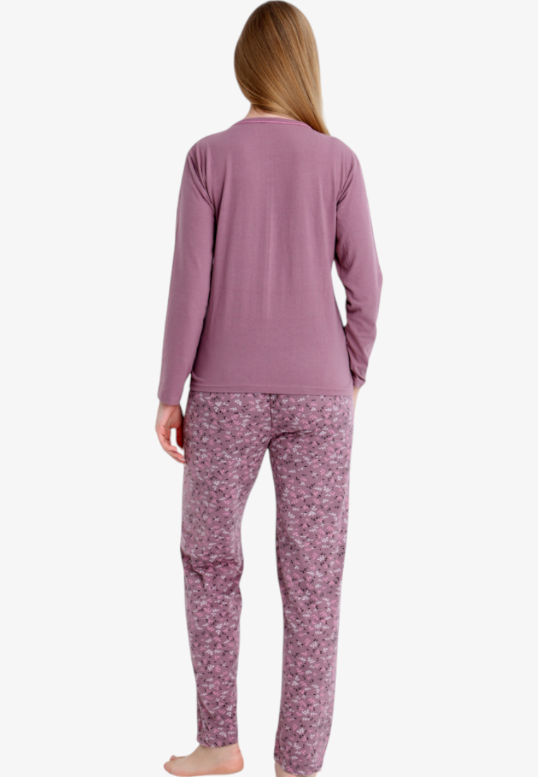Falio women's insulated cotton pajamas with a solid mauve long-sleeve top and floral print trousers, back view.