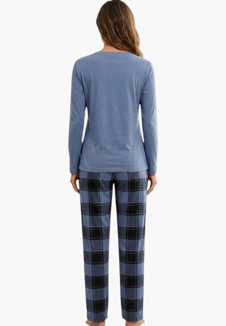 Falio women's insulated cotton pajama set with a blue long-sleeve top and blue plaid flannel trousers, back view.