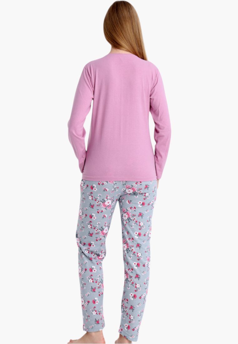 Falio women's insulated cotton pajamas with a pink long-sleeve top and grey floral print trousers, back view.