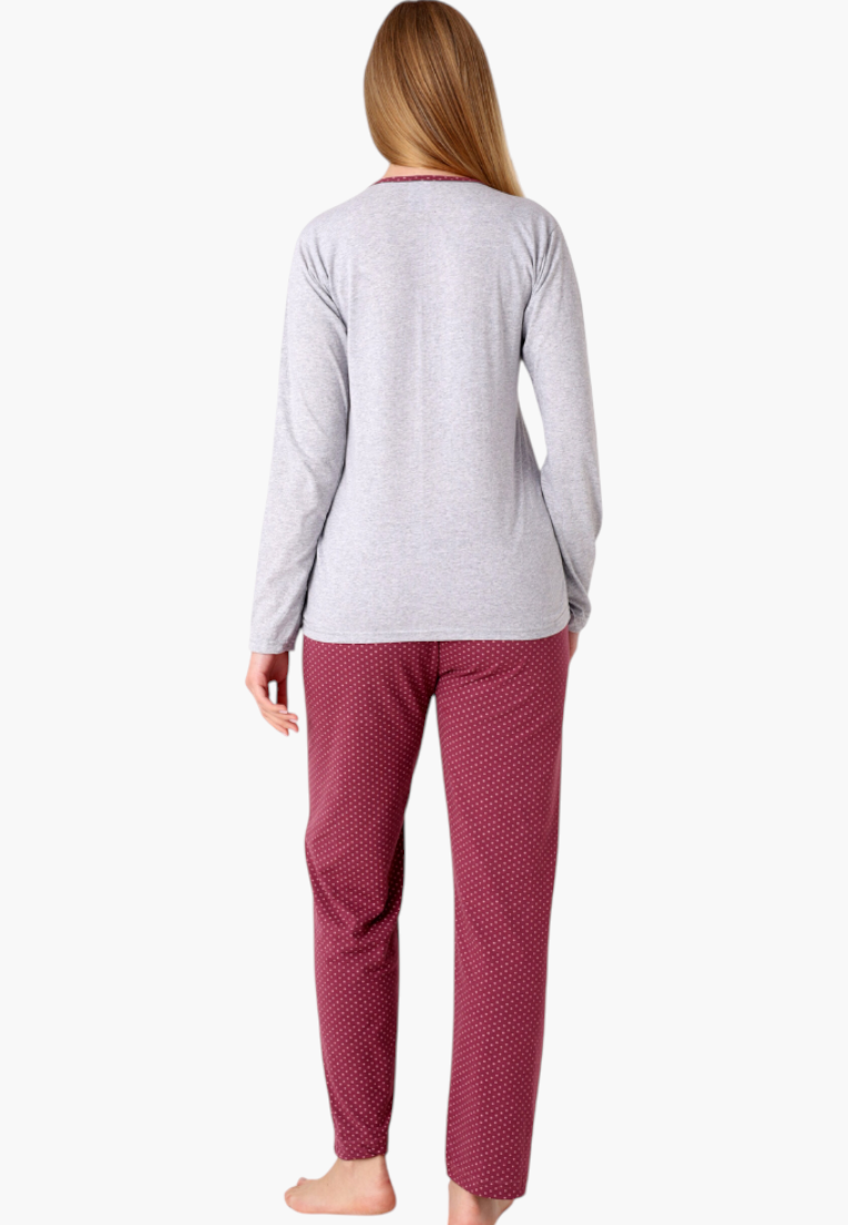 Falio women's insulated cotton pajamas featuring a grey long-sleeve top and maroon polka-dot trousers, back view