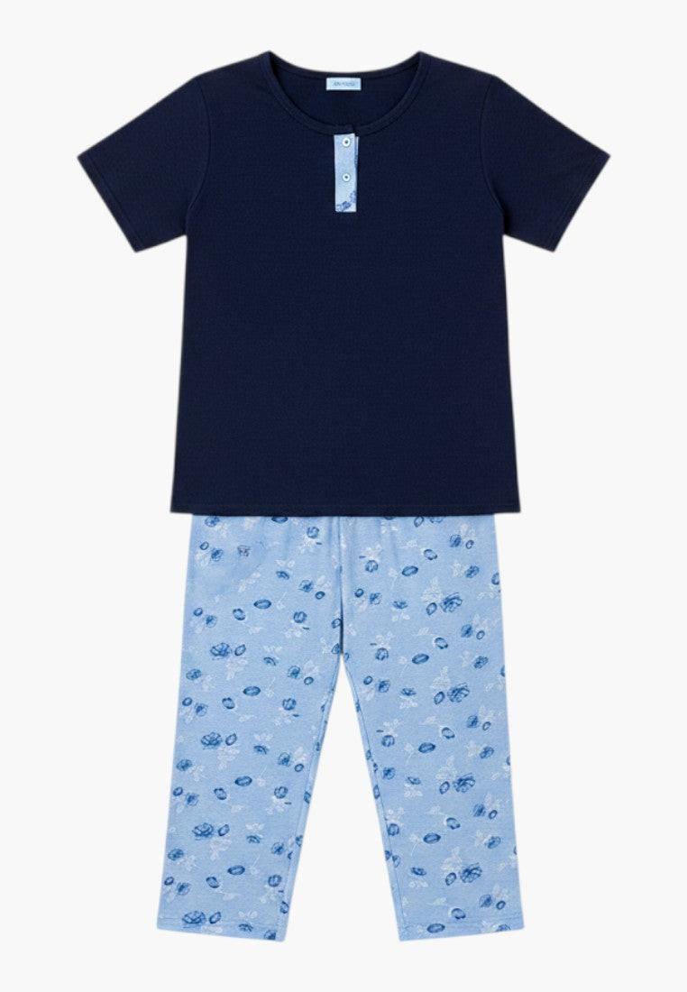 Falio navy blue short-sleeve t-shirt with light blue floral print capri pajamas, 100% cotton.