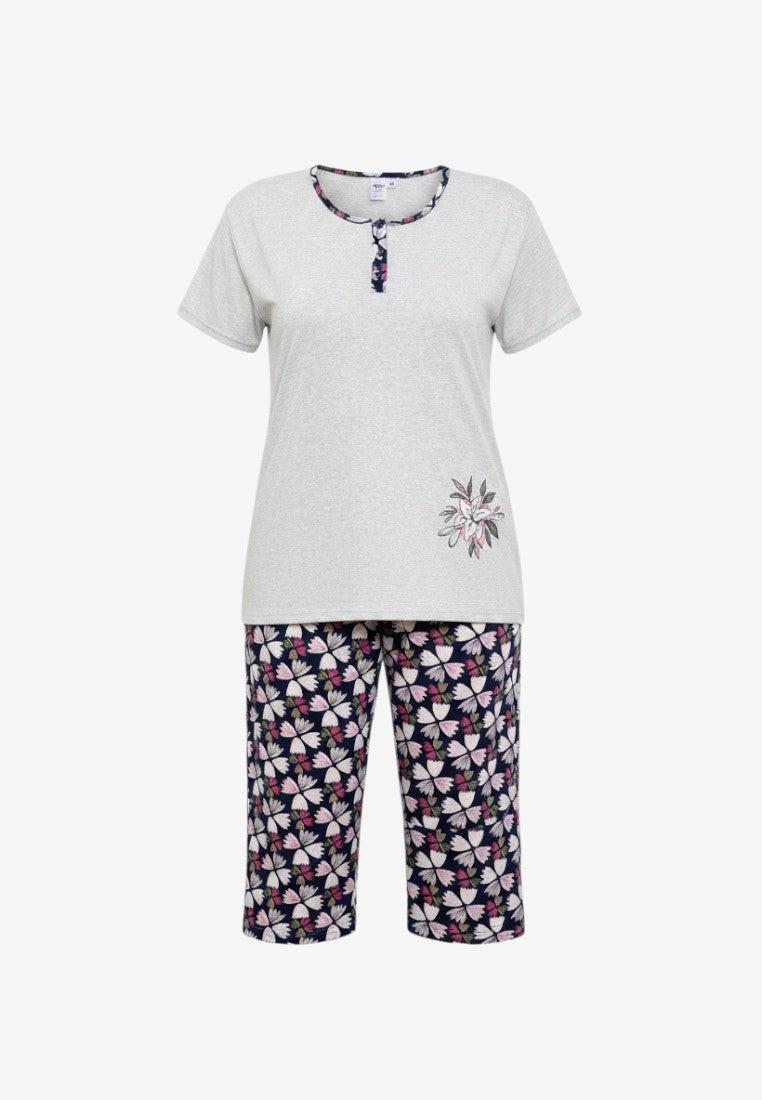 Falio women's grey cotton pajama set with floral print capri pants and short sleeve top.