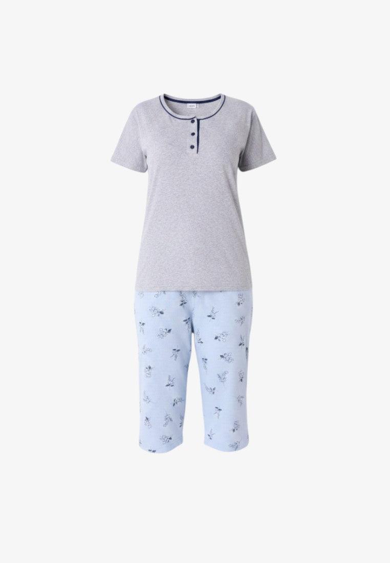 Falio light grey cotton short sleeve pajama set with navy trim and buttons, featuring light blue capri pants with a floral print.