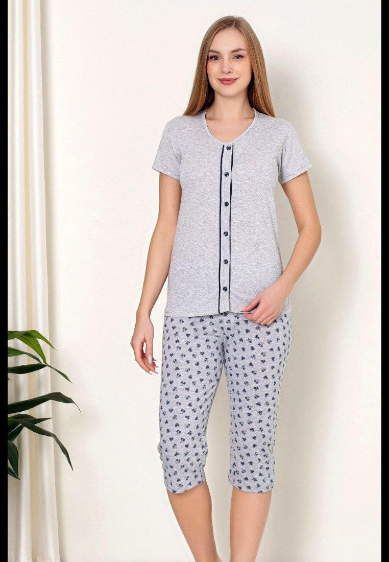 Falio women's grey cotton short sleeve pajama set with 3/4 length patterned pants and button front top.