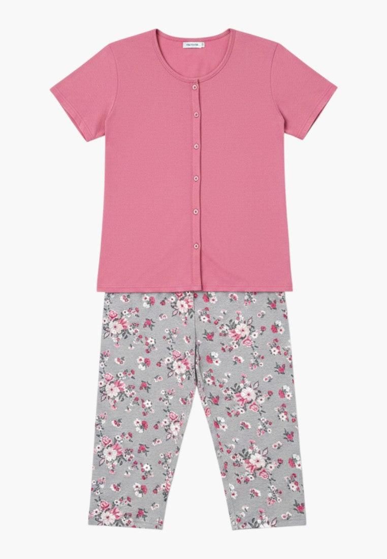 Falio women's pink short-sleeve button-up top with floral 3/4 length pants, 100% cotton.