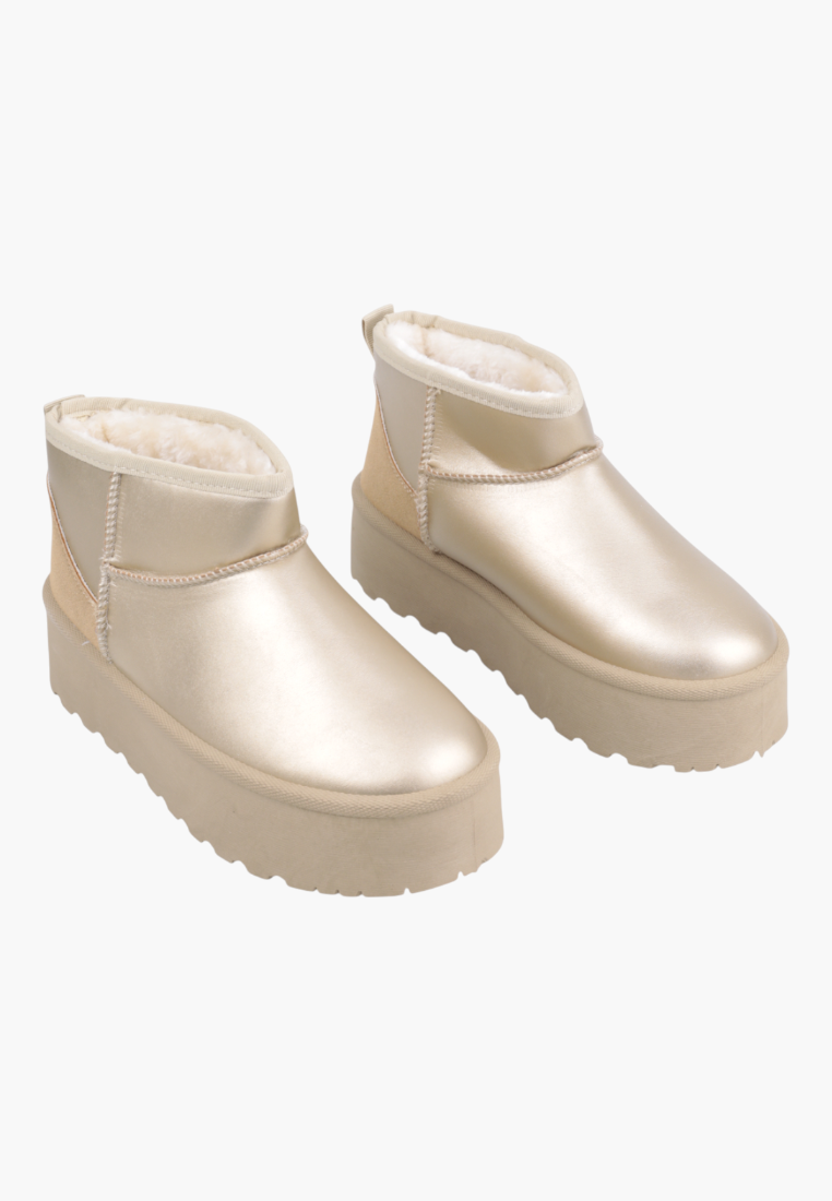 Falio yellow faux leather slip-on ankle boots with thick platform soles and warm faux fur lining for winter