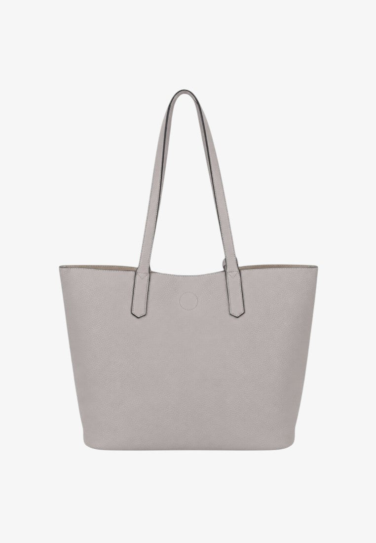 Back view of a gray tote bag featuring a smooth texture and long handles on a white background.