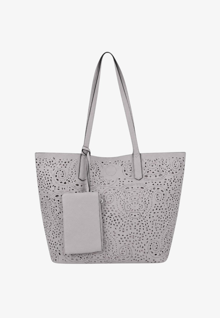 Front view of a gray tote bag with a patterned design and long handles against a white background.