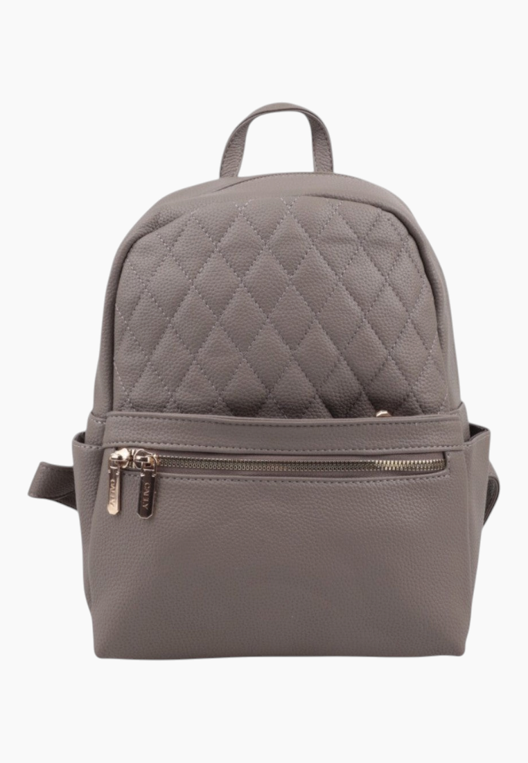 Front view of the quilted gray backpack with a front zipper pocket.
