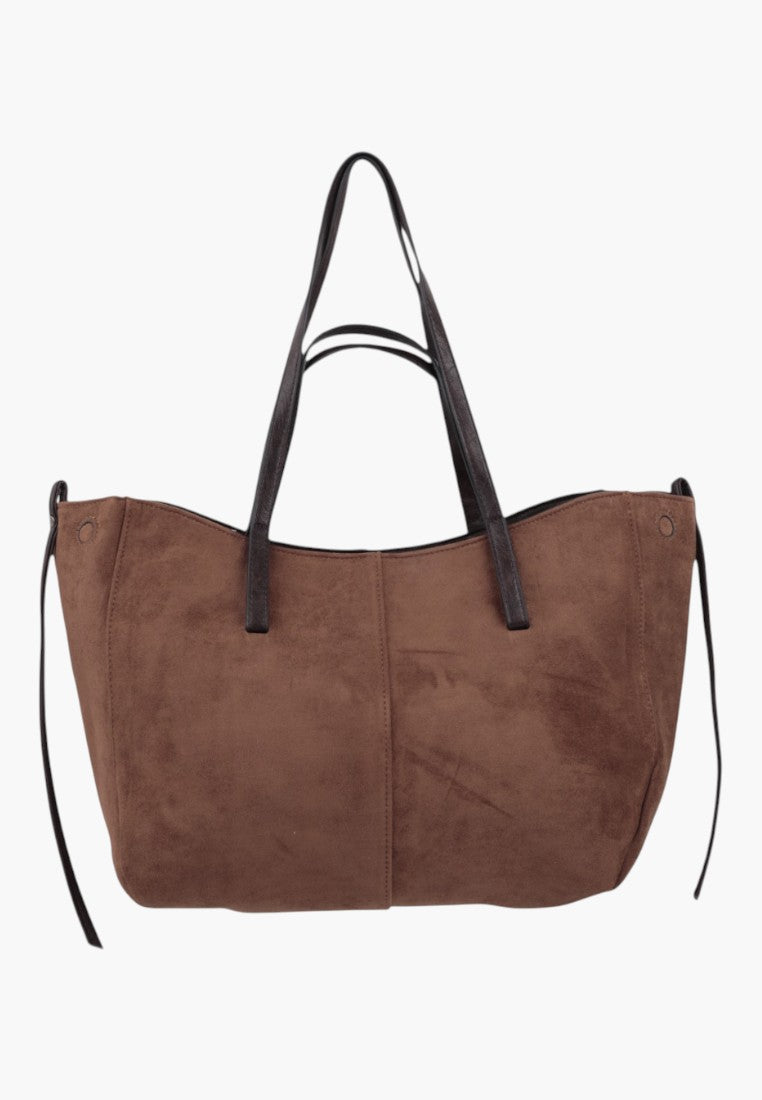 Front view of khaki faux suede shopper bag with two handles and soft texture.