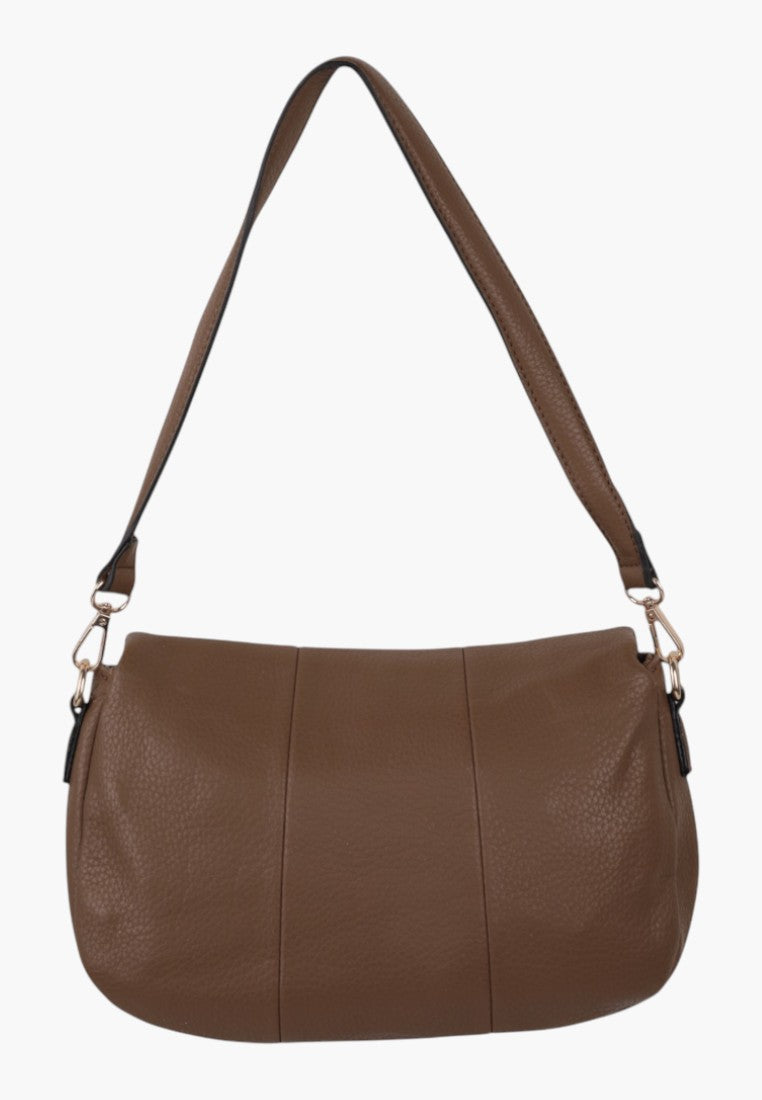 Front view of the brown handbag featuring a shoulder strap and zipper closure against a white backdrop.