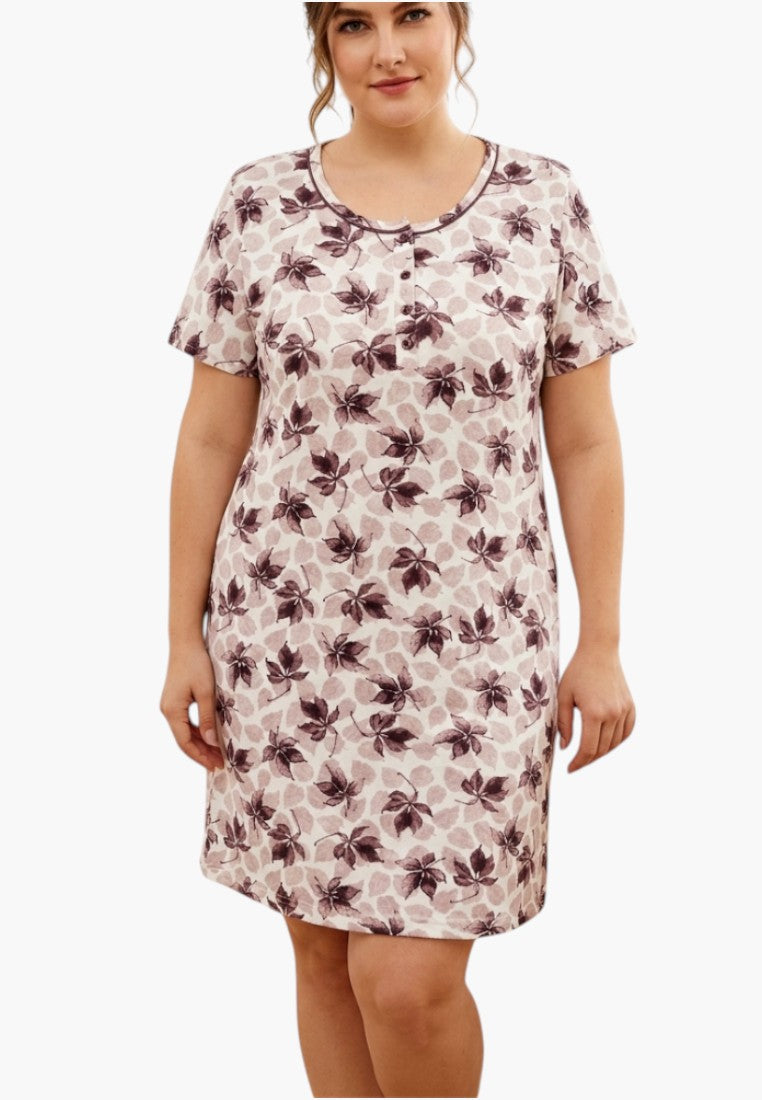 Front view of a floral nightgown featuring a v-neck and short sleeves in pink and purple.