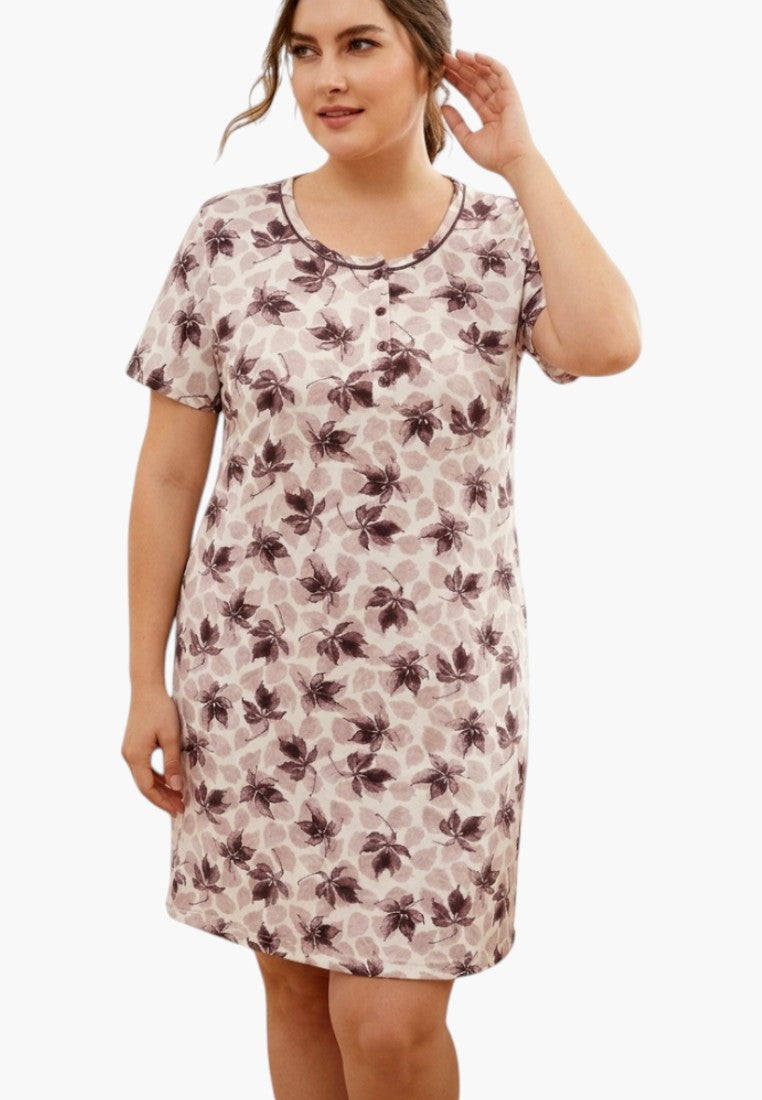 Front view of a floral nightgown with a v-neck and short sleeves in pink and purple.