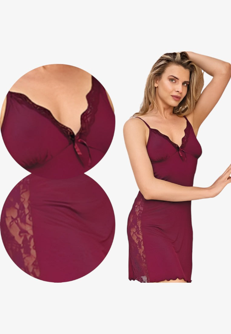 Detail shot of burgundy viscose nightgown with V-neck and lace trim.