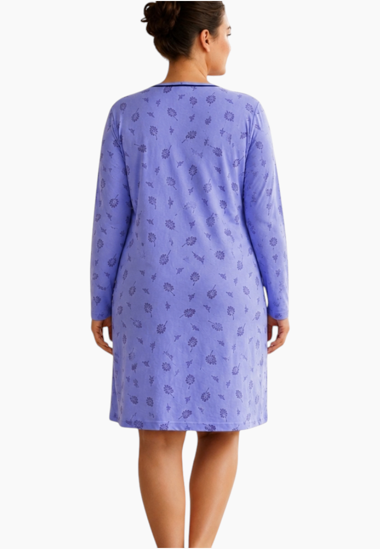 Front view of a purple nightgown with long sleeves and floral pattern.