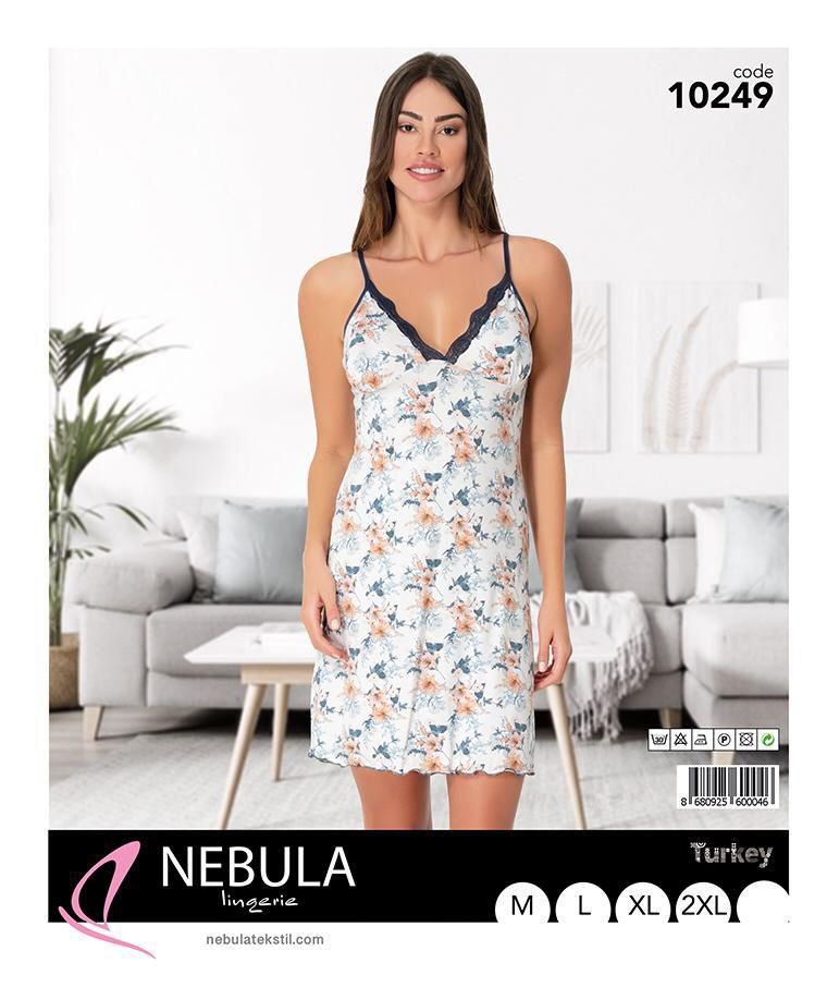 Packaging view featuring a model wearing the nightgown with brand logo and product details in white, blue, and pink colors.