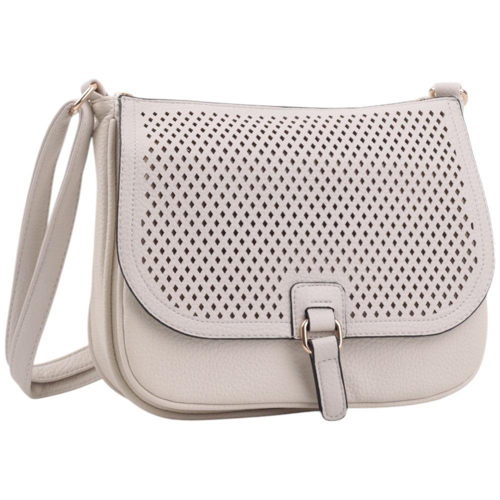 Front view of a beige handbag with mesh design and flap closure on a white background.