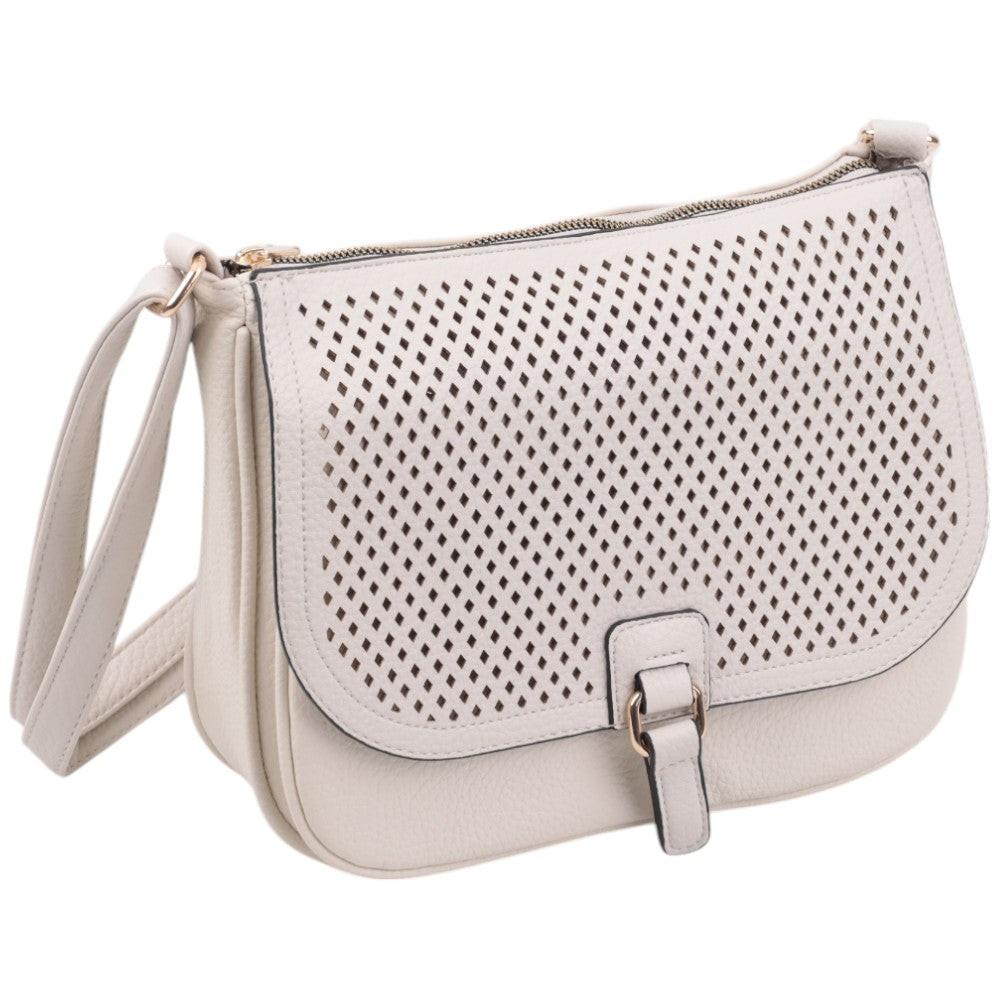 Side view of a beige handbag featuring mesh design and flap closure against a white background.