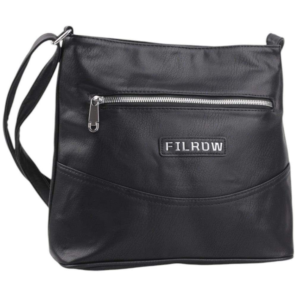 Front view of an elegant black handbag with a zipper closure and front pocket.