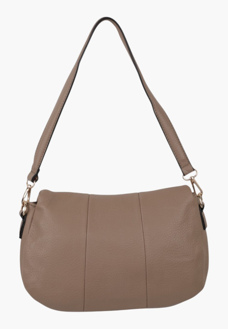 Back view of the brown handbag with smooth texture on a white background.