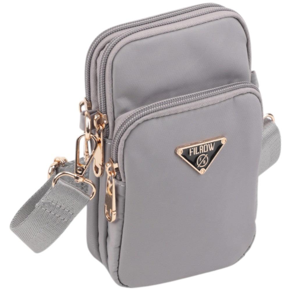 Back view of a gray handbag featuring a zipper closure and logo detail.