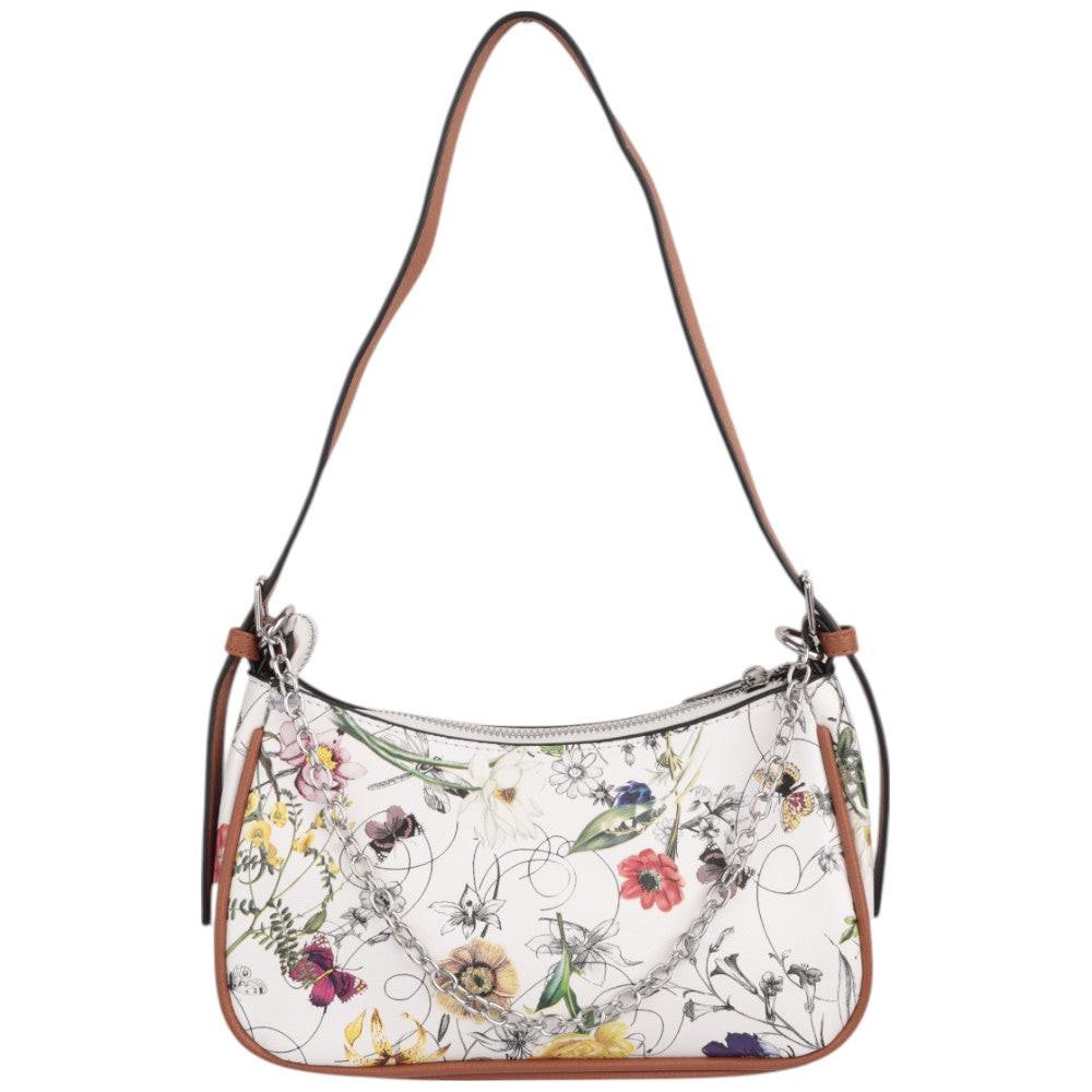 Front view of a floral handbag with adjustable strap in white, brown, and multicolor.
