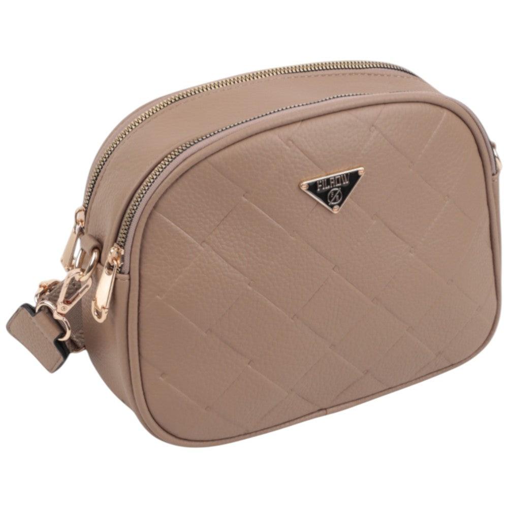 Back view of the tan crossbody bag showcasing a smooth texture and logo detail.