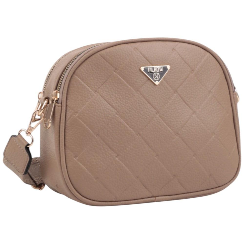 Front view of the tan crossbody bag featuring a zipper closure and logo detail.