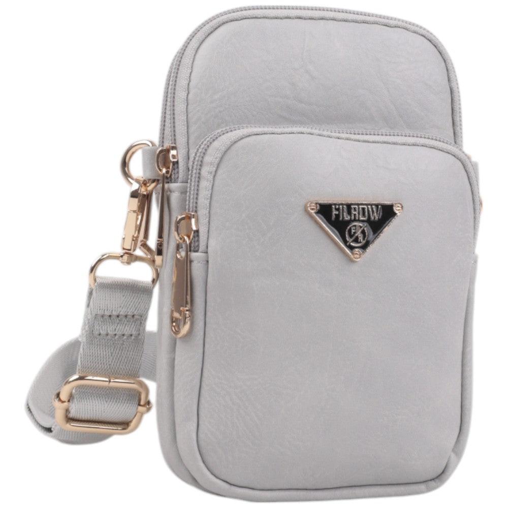 Side view of a light gray handbag featuring a zipper closure and triangle logo.