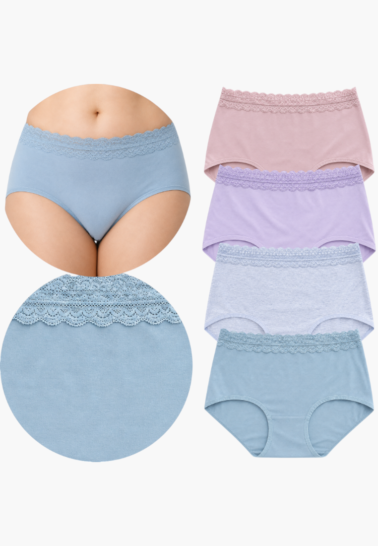 Zestaw 4 damskich fig maxi w pastelowych kolorach, widok lifestyle na białym tle.