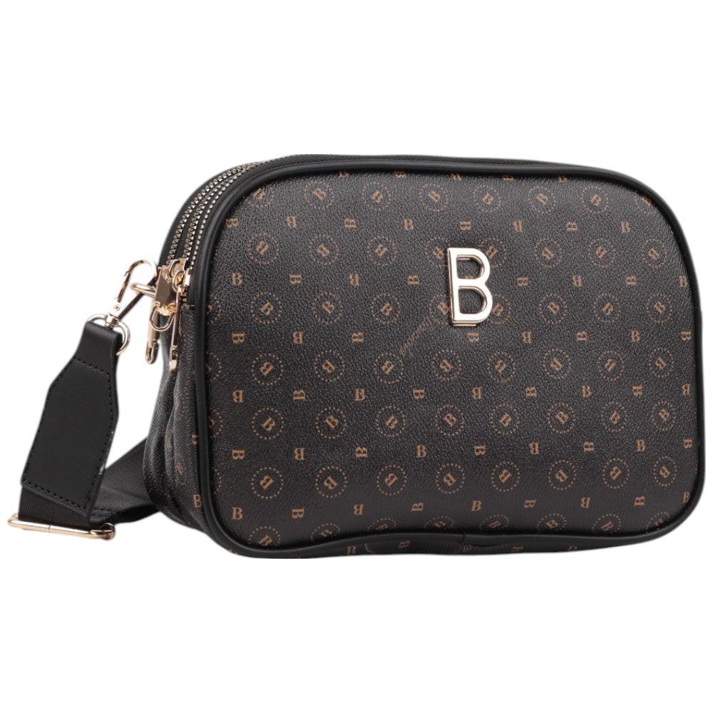 Front view of the black patterned bag with zipper closure and logo detail.
