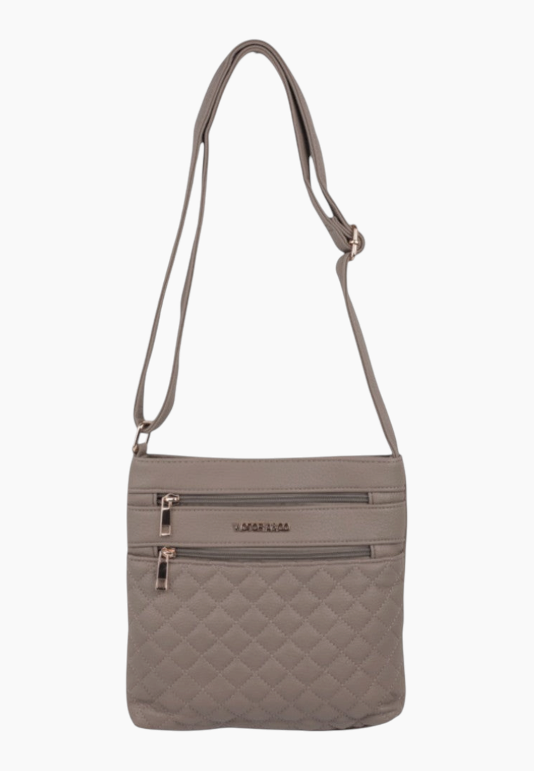 Front view of the gray shoulder bag featuring an adjustable strap and two zipper pockets.