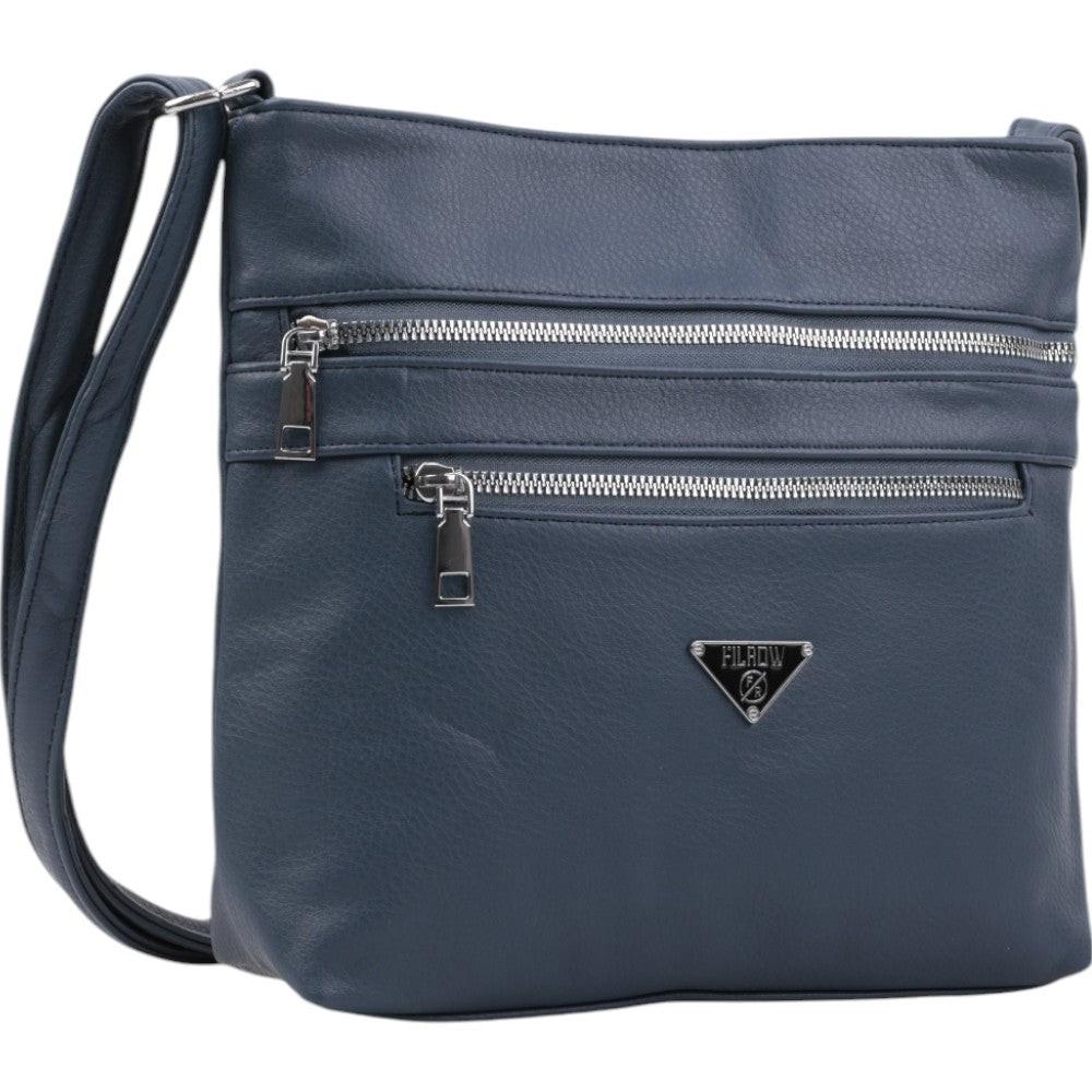 Front view of a navy crossbody bag with two front pockets and an adjustable strap on a white background.