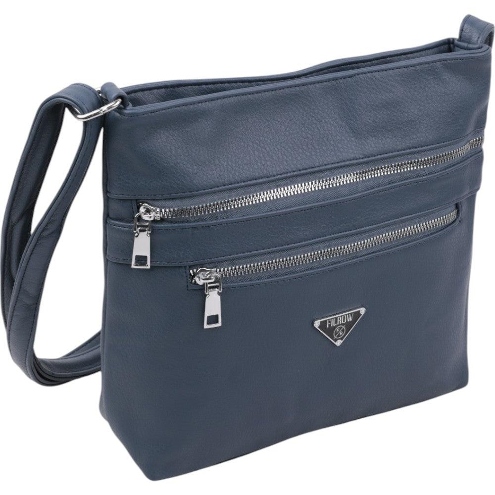 Front view of a navy crossbody bag featuring a gold logo and two front pockets against a white background.